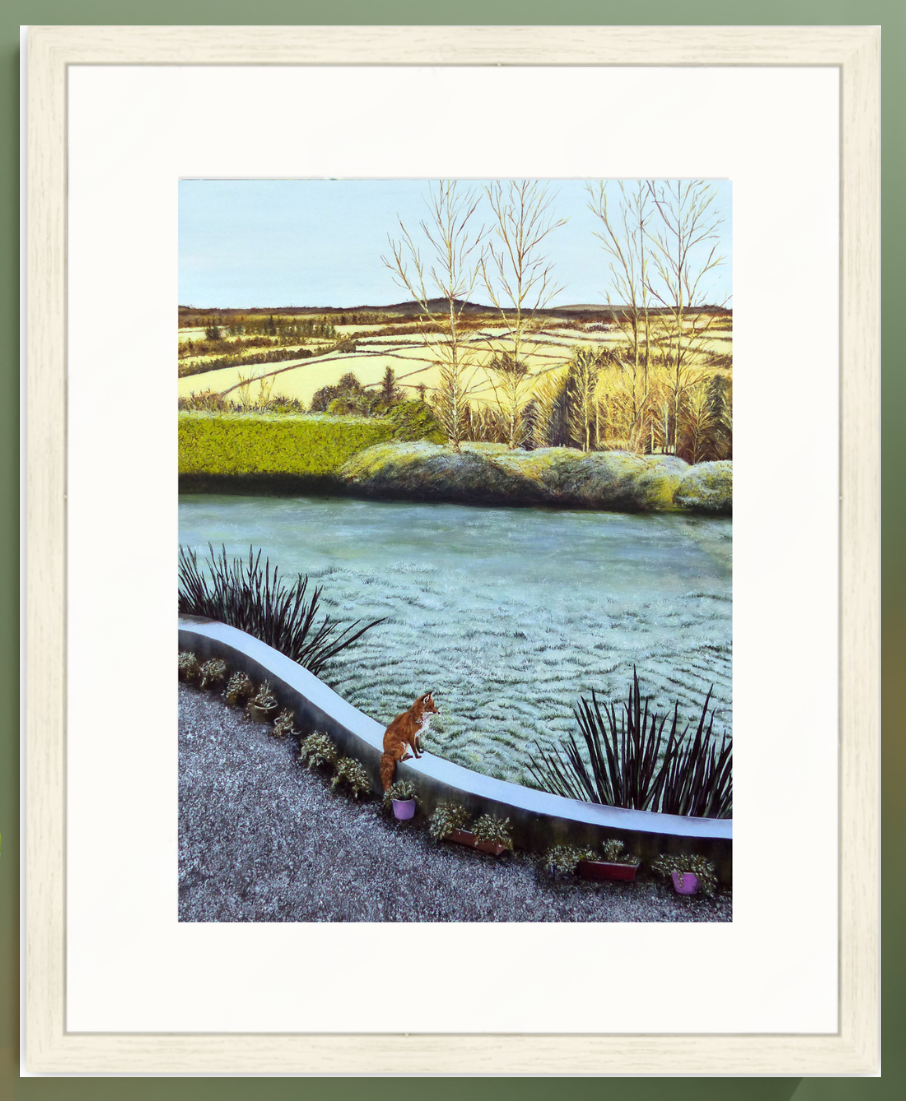 Large framed print of a fox sat on a garden wall looking out at a beautiful frosty landscape