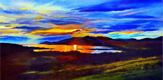 Painting of a sunset over a lake with mountains in the background