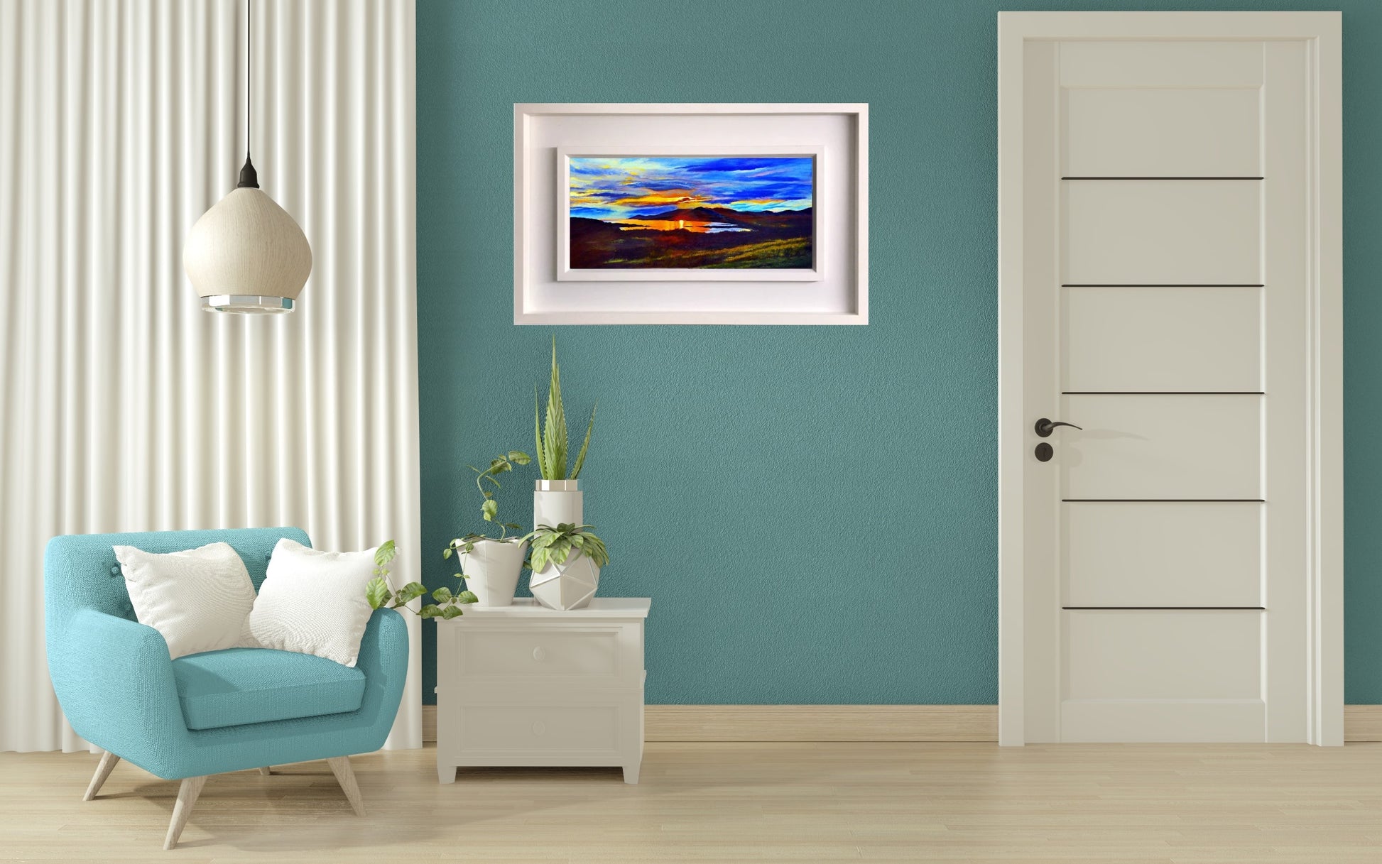 Modern living room with teal wall, turquoise armchair, and framed autumn sunset artwork.