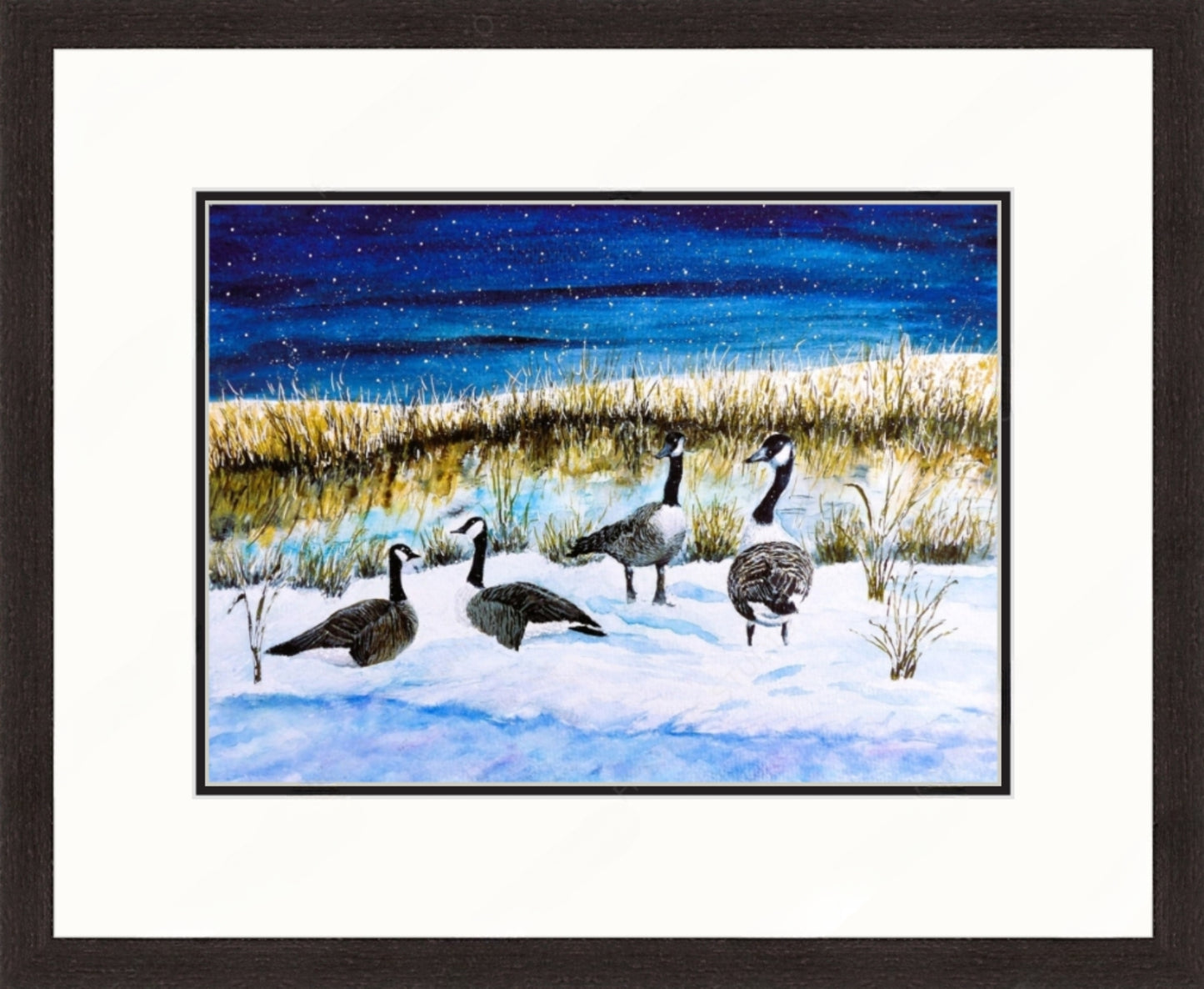 Framed artwork of geese on a snowy landscape with a starry night sky.