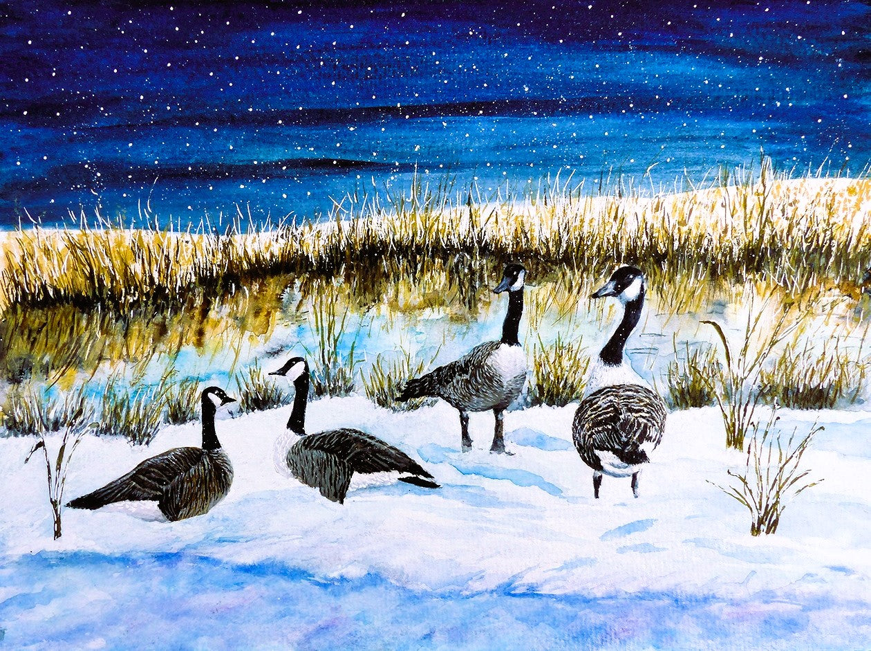 Painting of geese in a snowy landscape with a starry night sky.