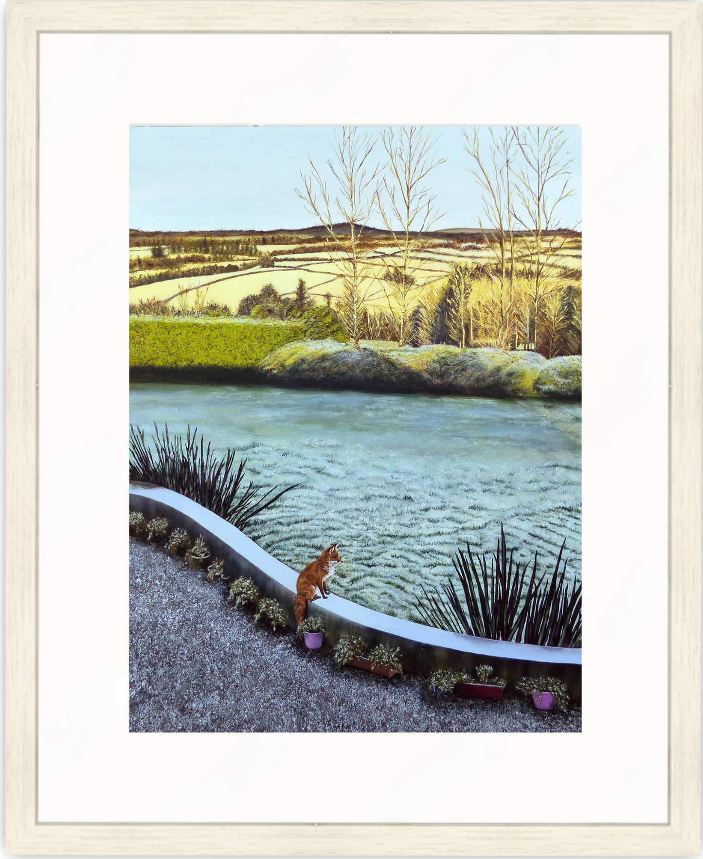 Framed print of a fox sat on a garden wall looking out at a beautiful frosted landscape