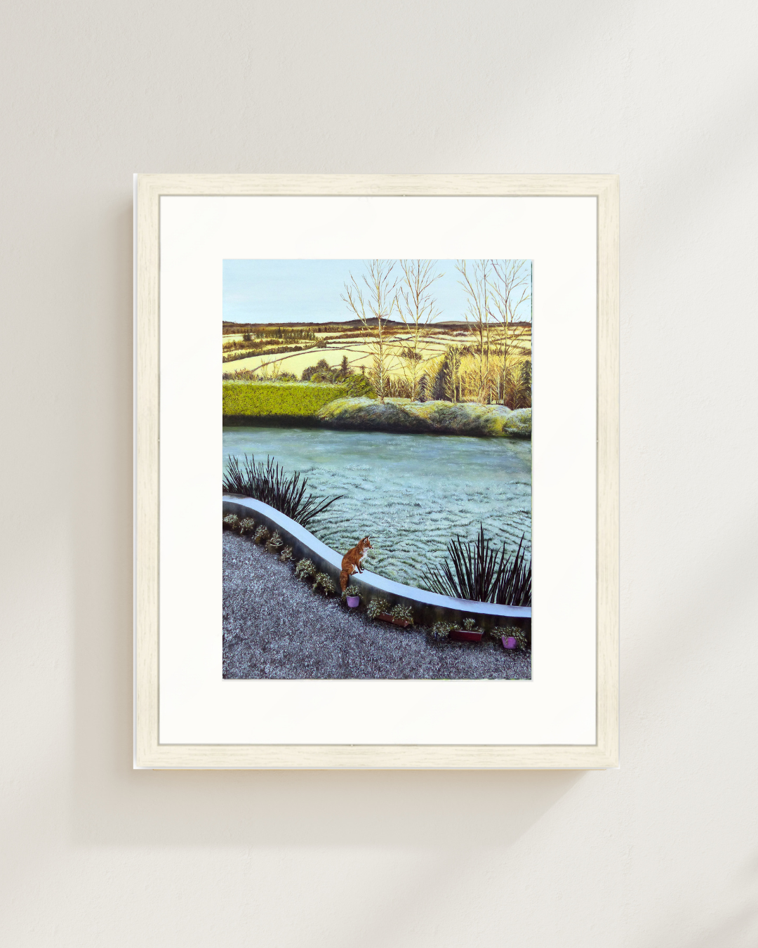 Small framed print of a fox sat on a garden wall looking out at a beautiful frosted landscape