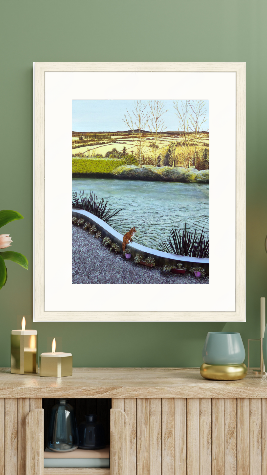 Medium framed print of a fox sat on a garden wall looking out at a beautiful frosted landscape