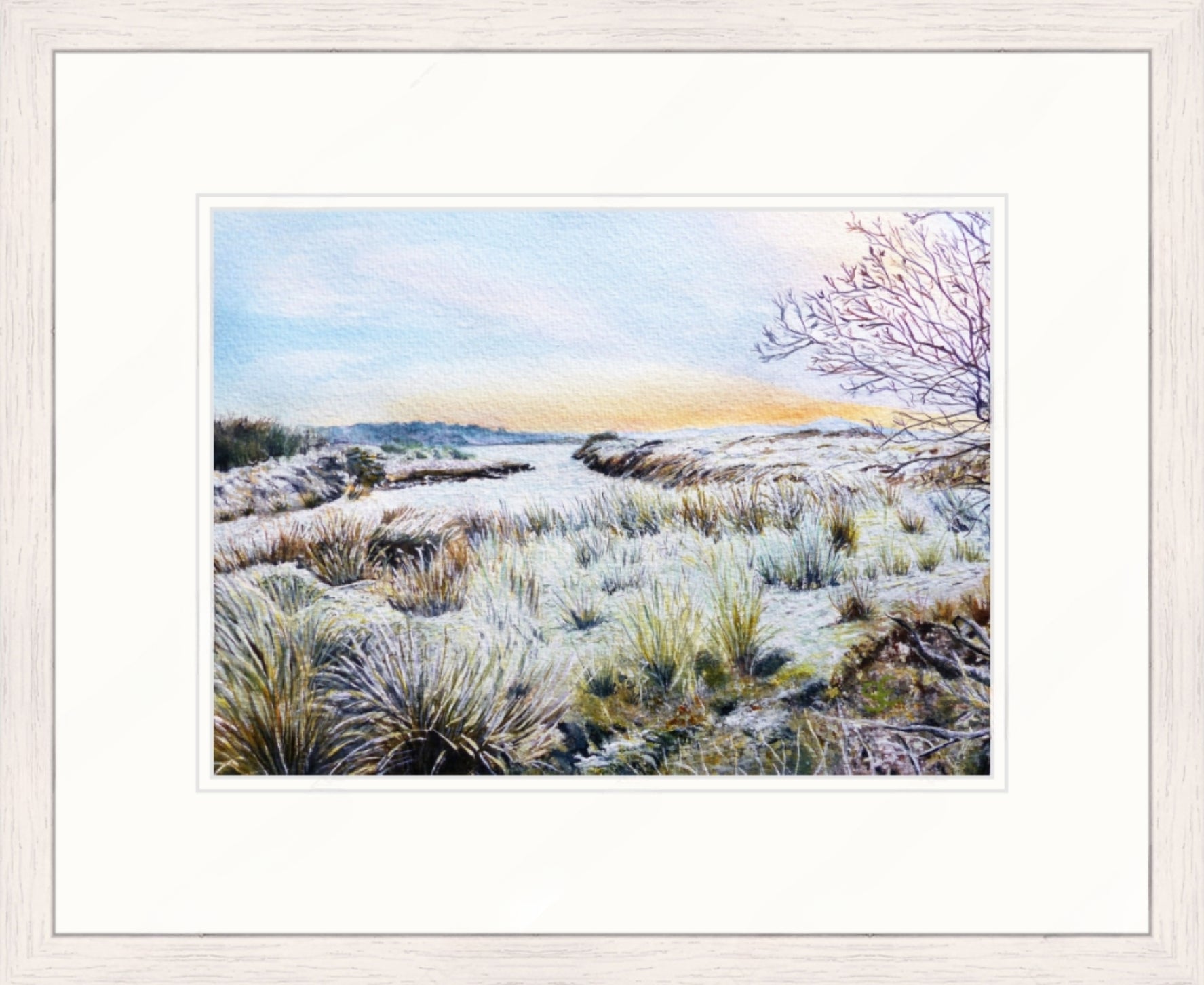 Framed artwork of a winter landscape with frost-covered ground and trees.