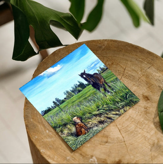 Painting of a horse and dog on a wooden surface with greenery in the background