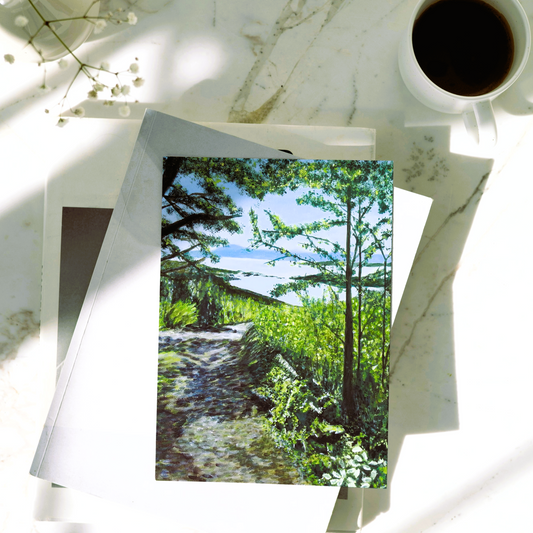 'Woodland trail to the sea' Irish Landscape Greeting Card